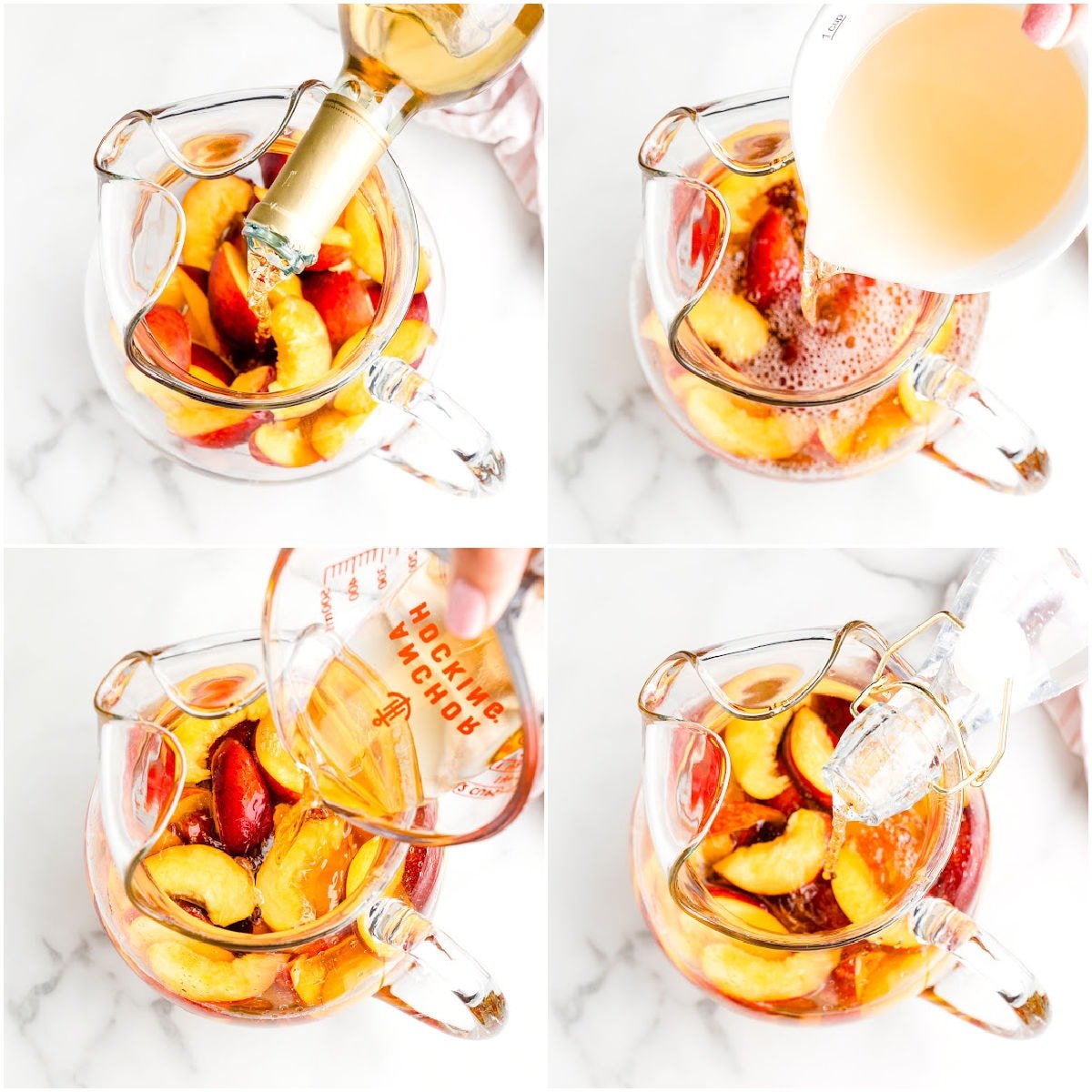 four image collage showing how to make a peach sangria recipe in a large glass pitcher.