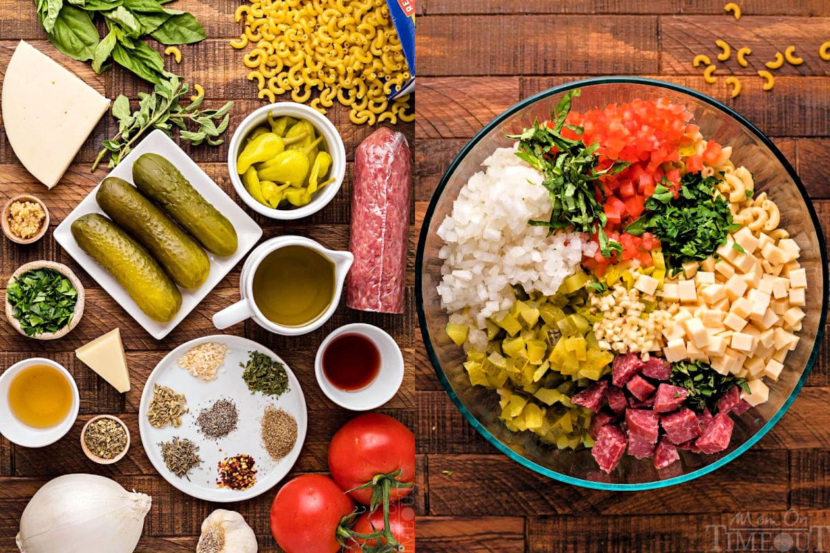 two image collage of pasta salad ingredients measured out and then shown in a bowl all combined ready to be stirred together.