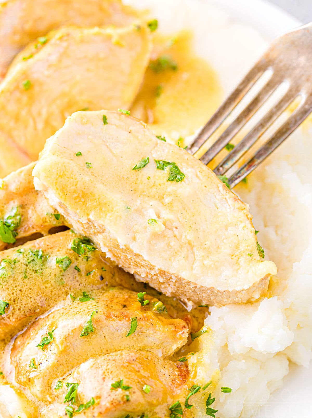 slice of chicken breast with honey mustard sauce being picked up by a fork.