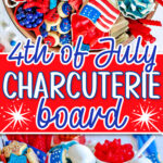 two image collage with top down look at 4th of july charcuterie board on top and close up image on the bottom. center color block with text overlay.