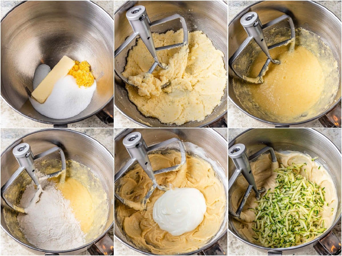 six image collage showing how the zucchini muffin batter comes together step by step.