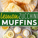 two image collage showing lemon zucchini muffin cut in half, bottom image shows a top down look at muffins cooling on rack with about half of them glazed. center color block with text overlay.