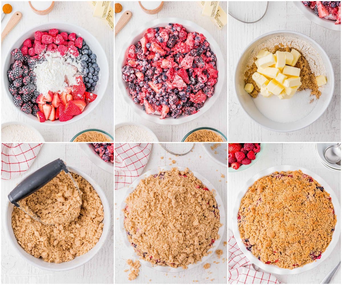 collage di sei immagini che mostrano passo dopo passo come preparare una ricetta per il crumble ai frutti di bosco.