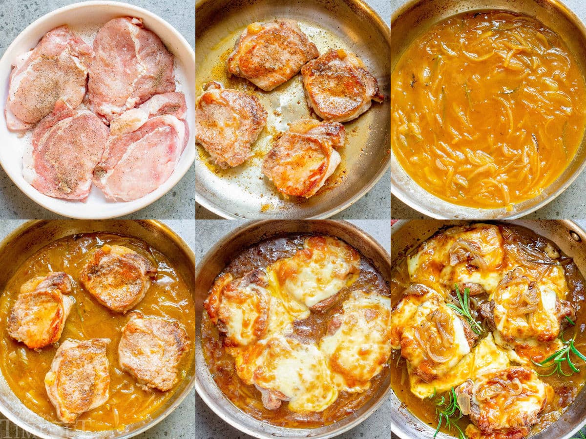 six image collage showing step by step how to make french onion pork chops in a skillet.