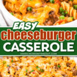 two image collage showing bowl of cheeseburger casserole and the casserole in a white oval baking dish. center color block with text overlay.