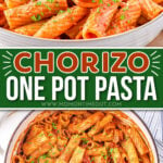 two image collage showing pasta in a white bowl and a top down view of chorizo pasta in a large white dutch oven. center color block with text overlay.