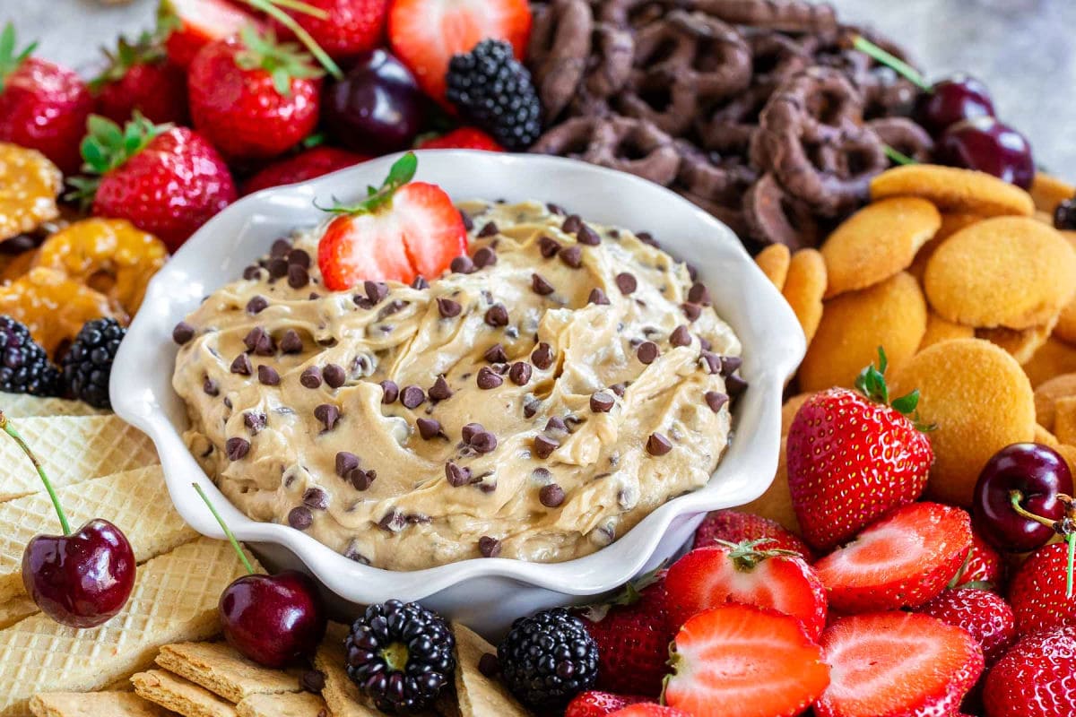 front view of white bowl filled with chocolate chip cookie dough dip and the bowl is surrounded by various dippers such as cookies and fruit.