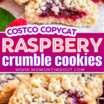 two image collage showing costco raspberry crumble cookies split in half in top image and another cookie in the bottom image leaning up against a stack of the cookies. center color block with text overlay.