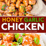 two image collage showing honey garlic chicken in large skillet and also in a bowl on top of a scoop of white rice. the chicken is garnished with green onions and sesame seeds. center color block with text overlay.