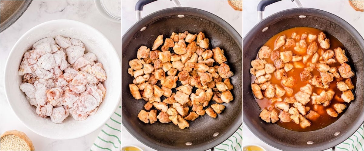 three image collage showing honey chicken being cooked in a large skillet.