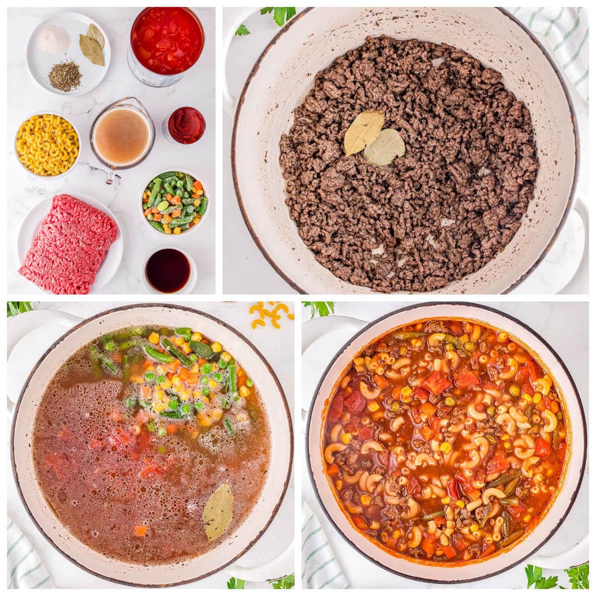 four image collage showing how to make macaroni soup.