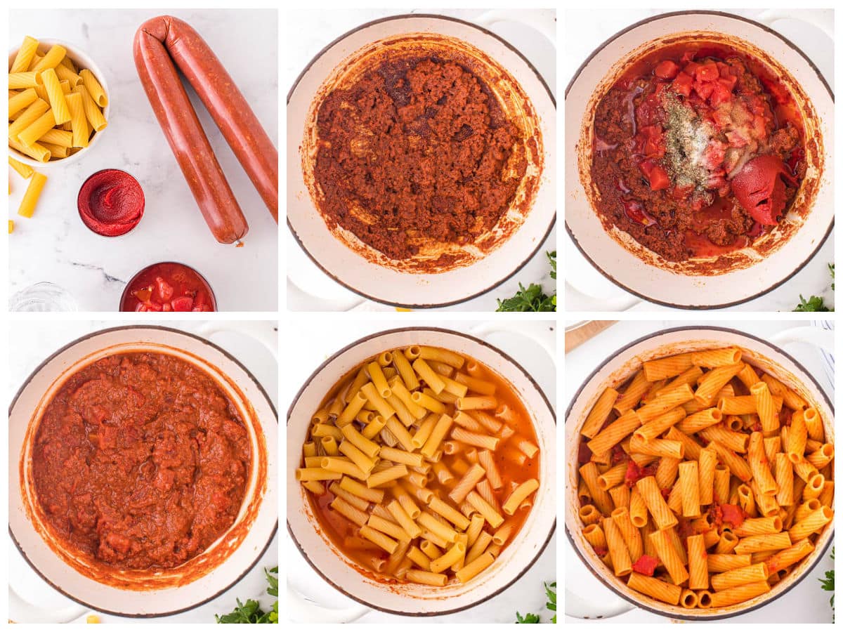 six image collage showing how to make one pot pasta with chorizo.
