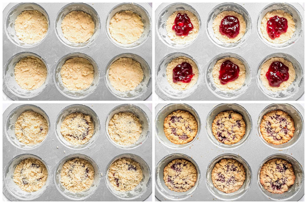 four image collage showing how to make raspberry crumb tartlets in a jumbo muffin pan.