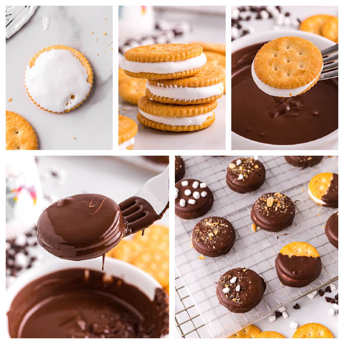 cinque collage di immagini che mostrano come preparare i biscotti senza cottura con cracker ritz e lanugine di marshmallow.