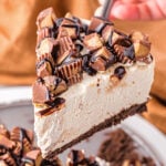 slice of peanut butter cheesecake being held above cheesecake pan ready to be put on a plate.