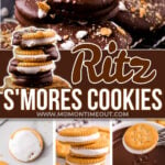 six image collage showing how to make smores cookies on the bottom and the finished product on the top. Ritz crackers sandwiched with marshmallow creme filling and dipped in chocolate. Center color block with text overlay.