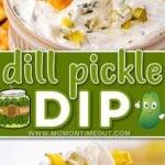 two image collage showing crackers being dipped into a bowl of pickle dip and bottom image showing a pretzel with the pickle dip on it. center color block with text overlay.