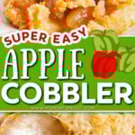 two image collage showing apple cobbler with cake mix in a white baking dish and a serving scooped onto a white plate and topped with whipped cream. center color block with text overlay.
