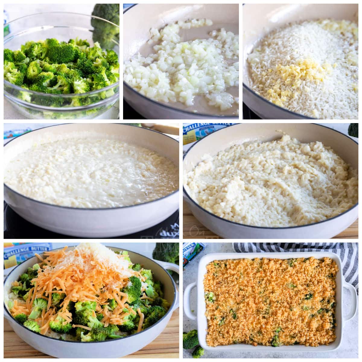 sette collage di immagini che mostrano come preparare una casseruola di riso con broccoli.