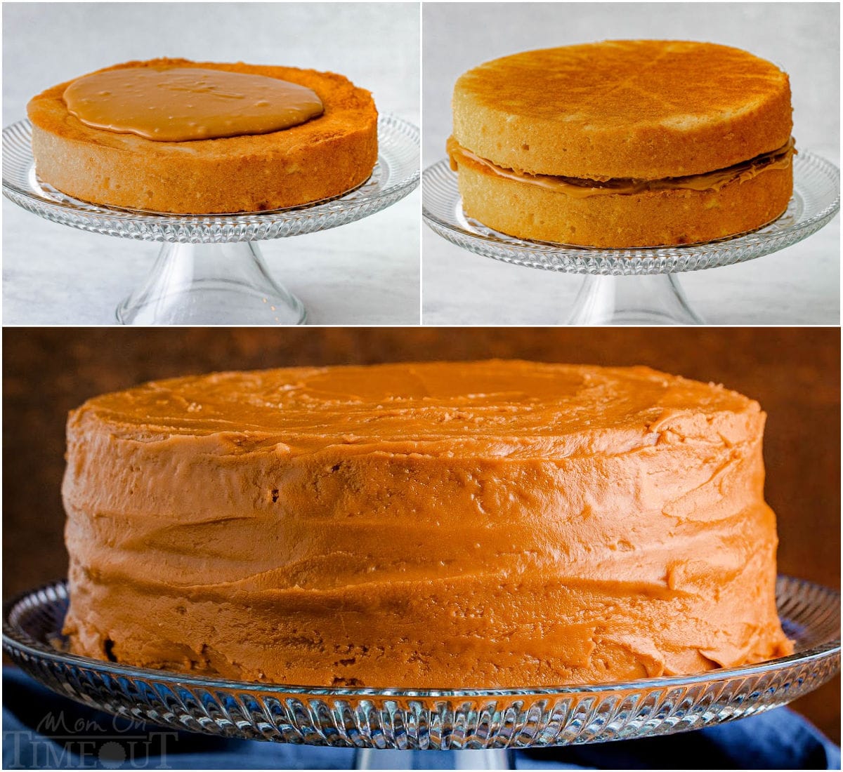 three image collage showing how to frost the caramel cake.