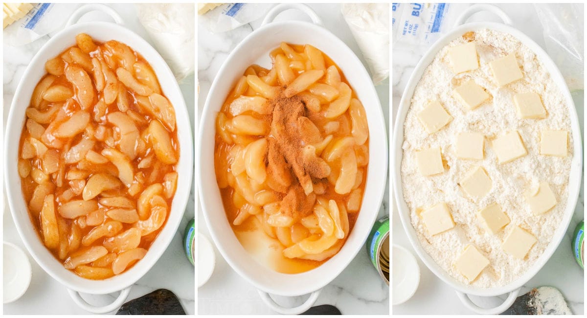 tre collage di immagini che mostrano come fare il calzolaio di mele con il mix di torte.