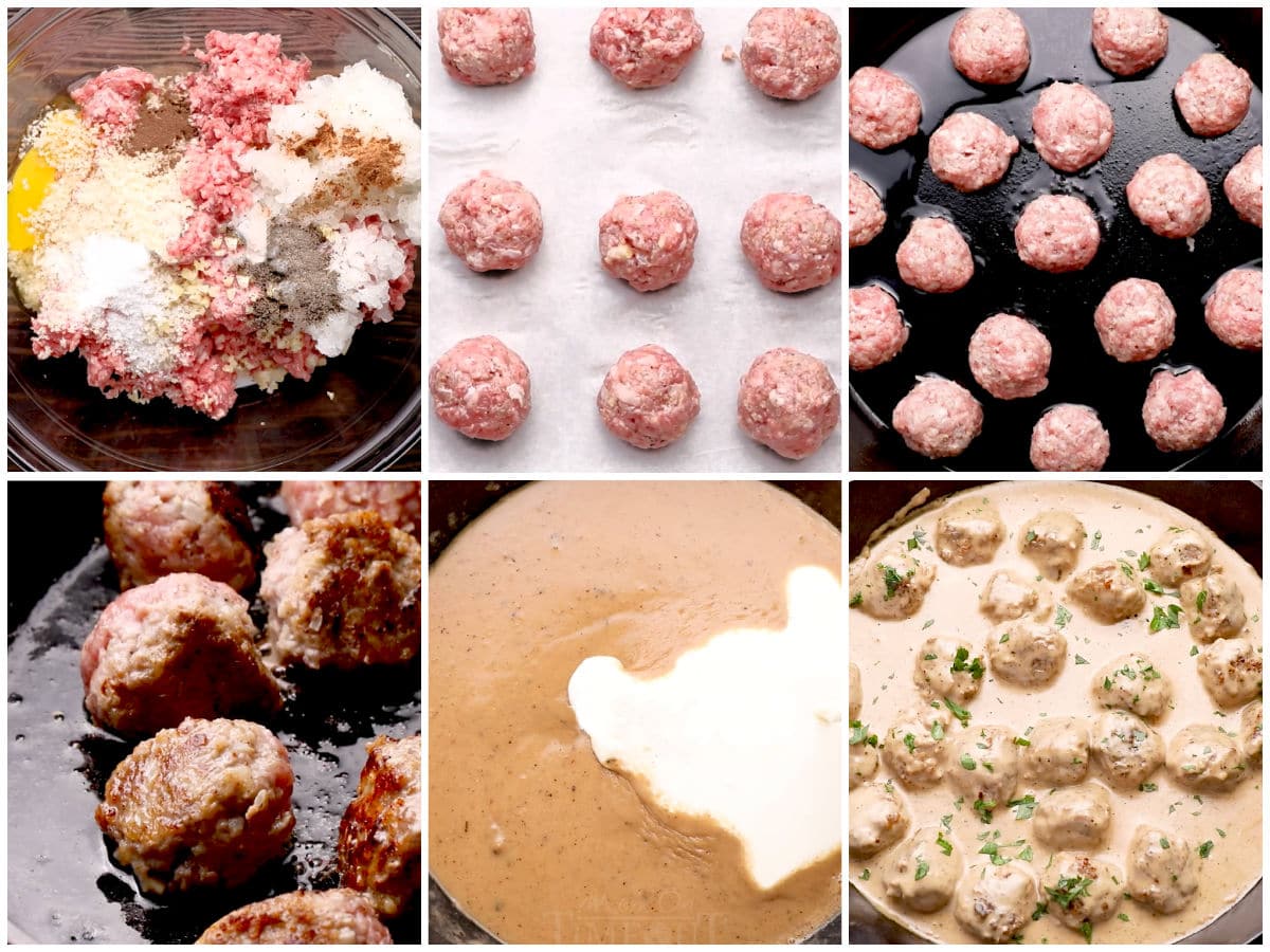 collage di sei immagini che mostrano come preparare la ricetta delle polpette svedesi.