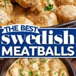 two image collage showing swedish meatball recipe in skillet and a fork picking one of the meatballs up. center color block with text overlay.