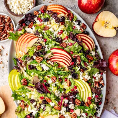 top down look at apple salad made with brussels sprout, apples, cranberries and topped with a vinaigrette. oval serving bowl is sitting on a gray surface with cut apples around it.