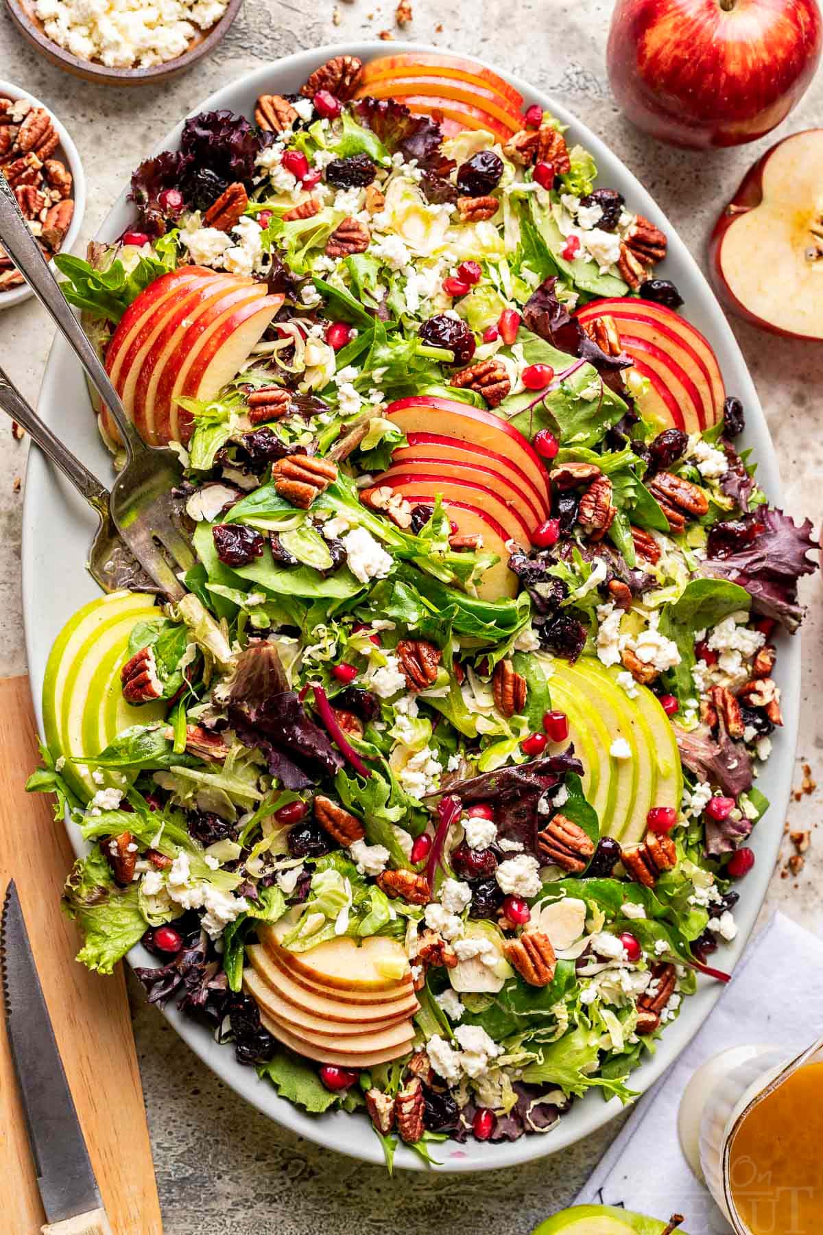 top down look at apple salad made with brussels sprout, apples, cranberries and topped with a vinaigrette. oval serving bowl is sitting on a gray surface with cut apples around it.