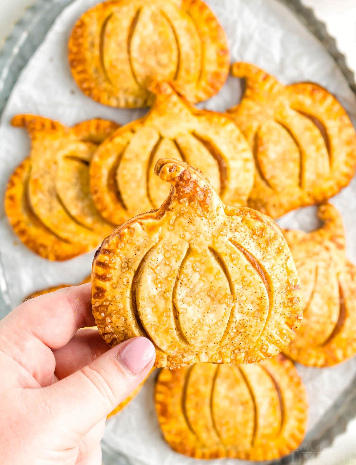 hand holding up a pumpkin shaped hand pie over a tray filled with more pies.