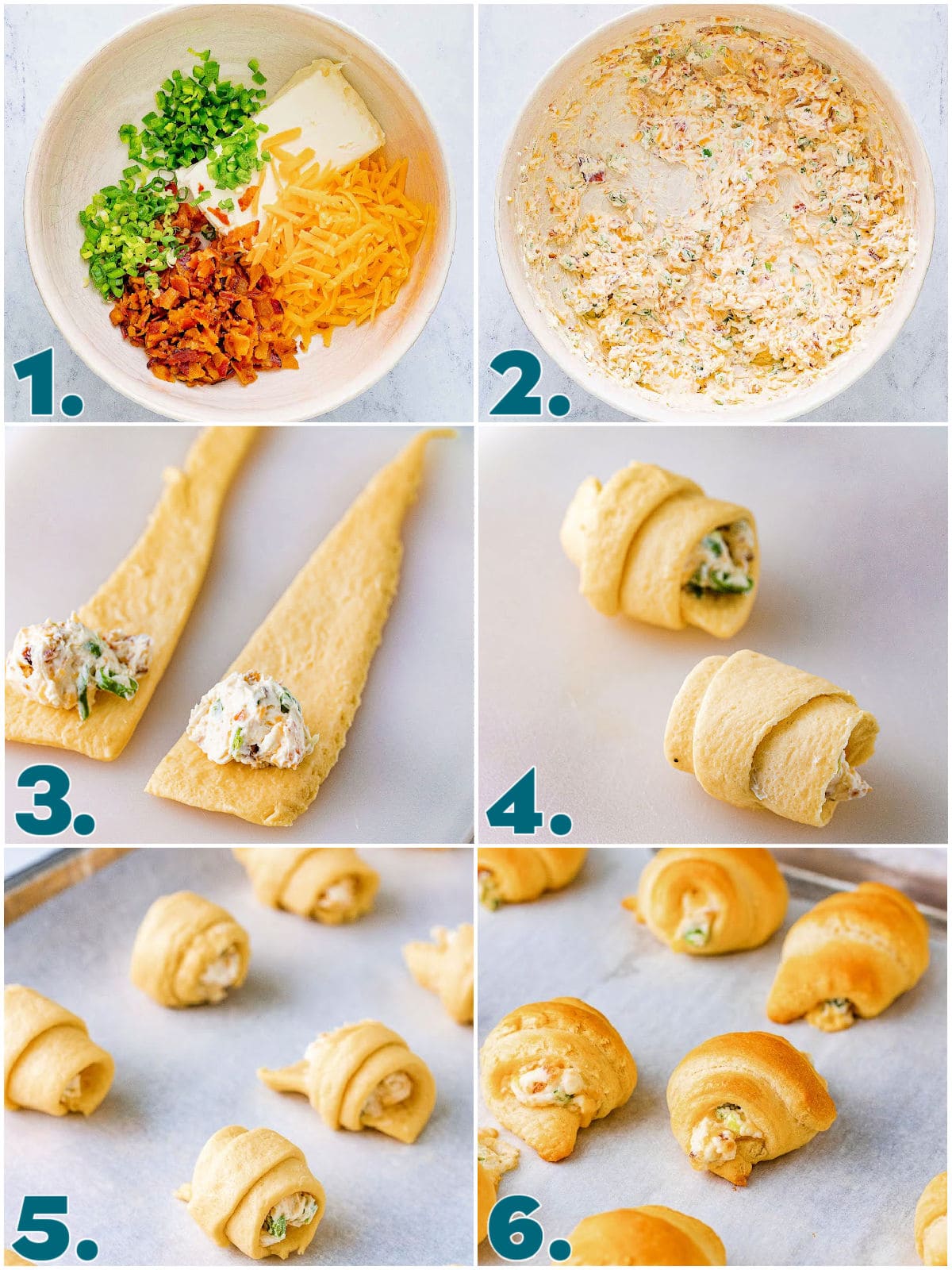 six image collage showing how to make jalapeno popper crescent rolls.