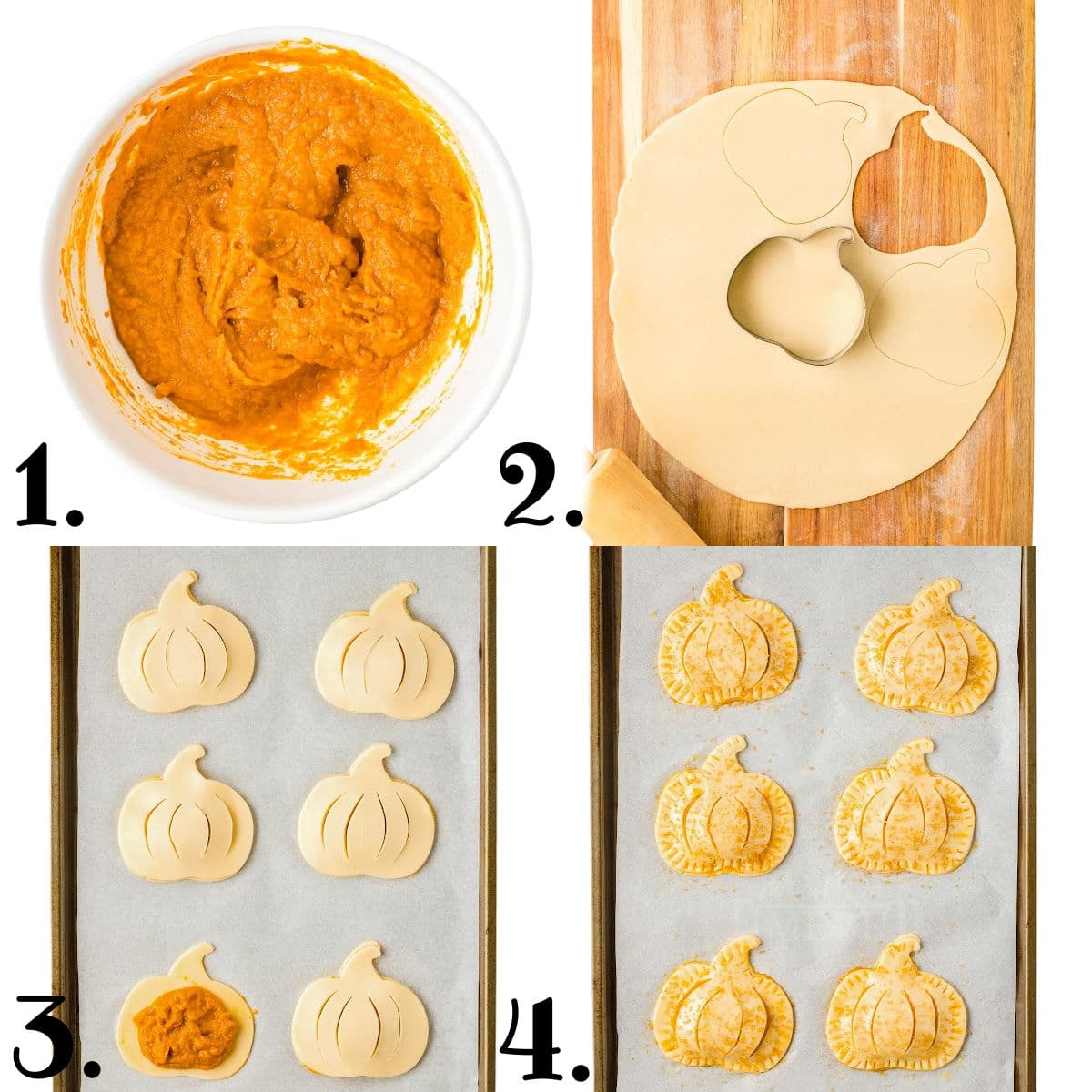 four image collage showing how to make pumpkin hand pies.