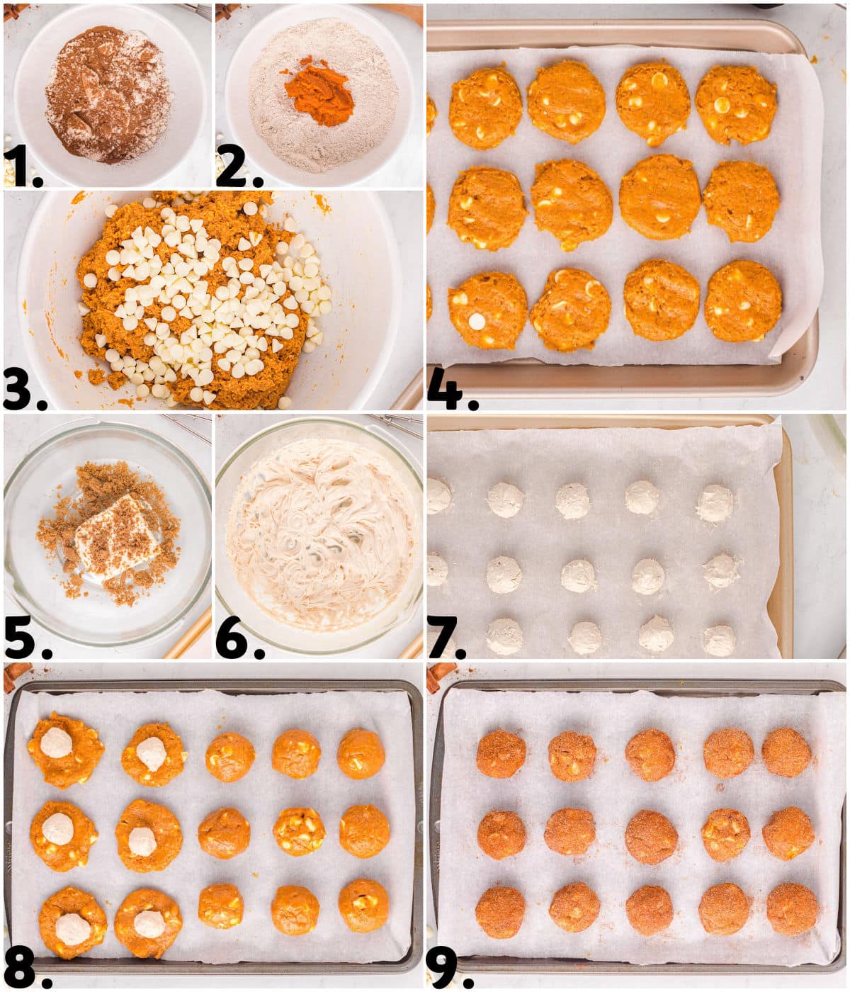 nine image collage showing how to make the pumpkin cookies with cheesecake filling step by step.
