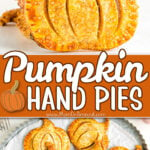 two image collage showing a single pumpkin hand pie on top and a metal platter full of mini hand pies on the bottom. center color block with text overlay.