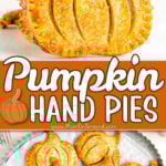 two image collage showing a single pumpkin hand pie on top and a metal platter full of mini hand pies on the bottom. center color block with text overlay.