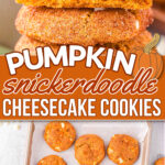 two image collage showing a stack of pumpkin snickerdoodle cookies on top and the cookies on a baking sheet on the bottom. center color block with text overlay.