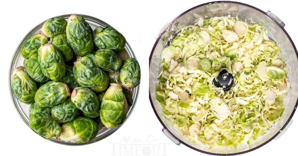 two image collage showing brussels sprouts being shredded in a food processor.