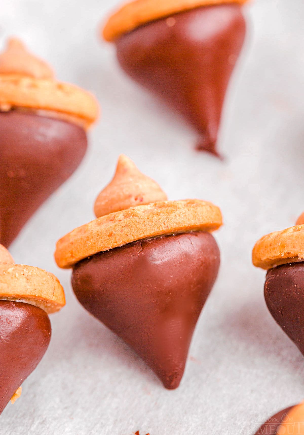 close up look at acorn cookies made with hershey kisses.