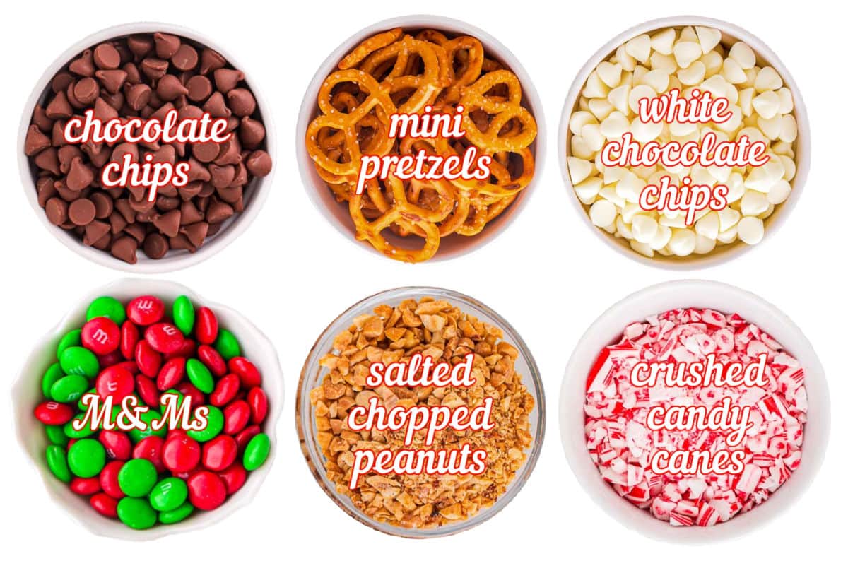 christmas bark ingredients measured out into small bowls. each ingredient has a label over the top of the image.