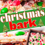 three image collage showing christmas bark decorated with candy canes, peanuts, and red and green candies. center diagonal color block with text overlay.