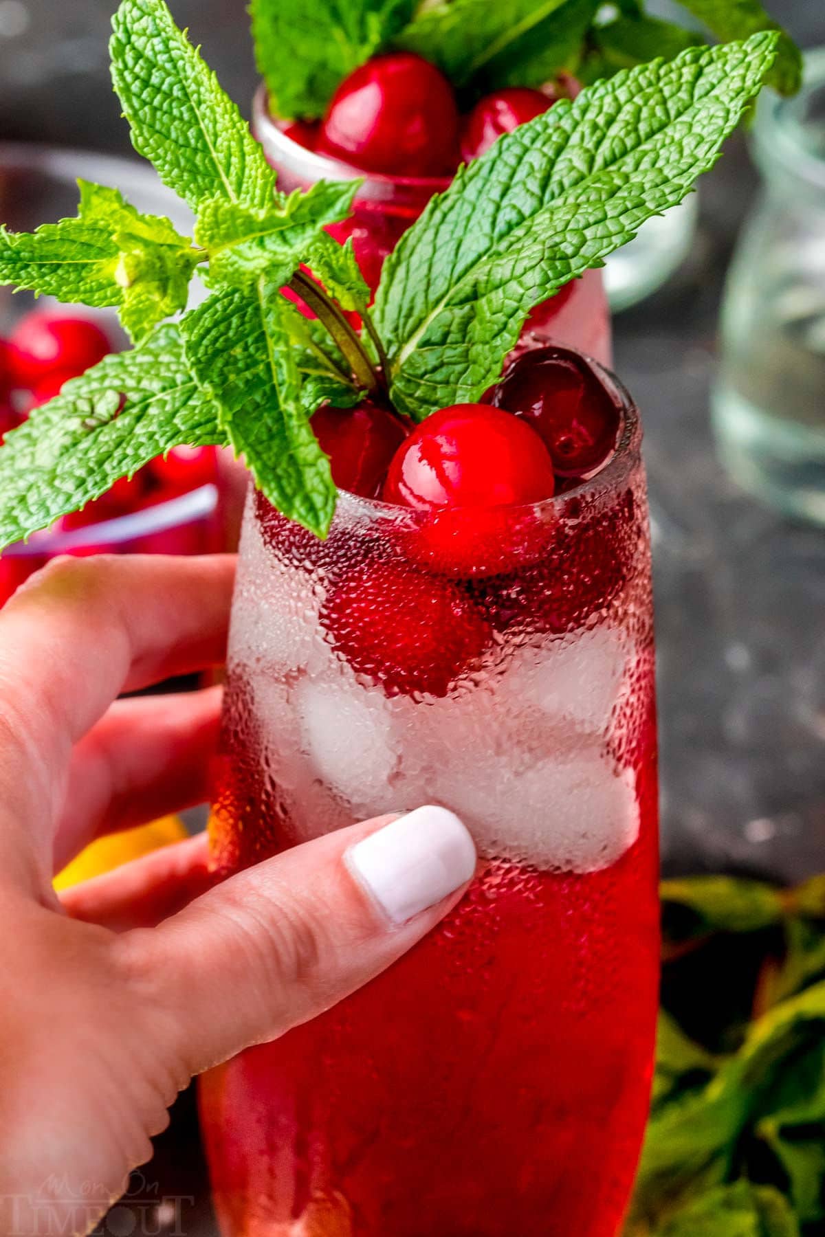 mano che tiene un cocktail di mirtilli rossi con sopra un rametto di menta fresca.