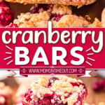 two image collage showing cranberry bars stacked in the bottom image and the top image has a bar that is flipped on it's side so you can see the filling. center color block with text overlay.
