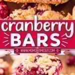 two image collage showing cranberry bars stacked in the bottom image and the top image has a bar that is flipped on it's side so you can see the filling. center color block with text overlay.