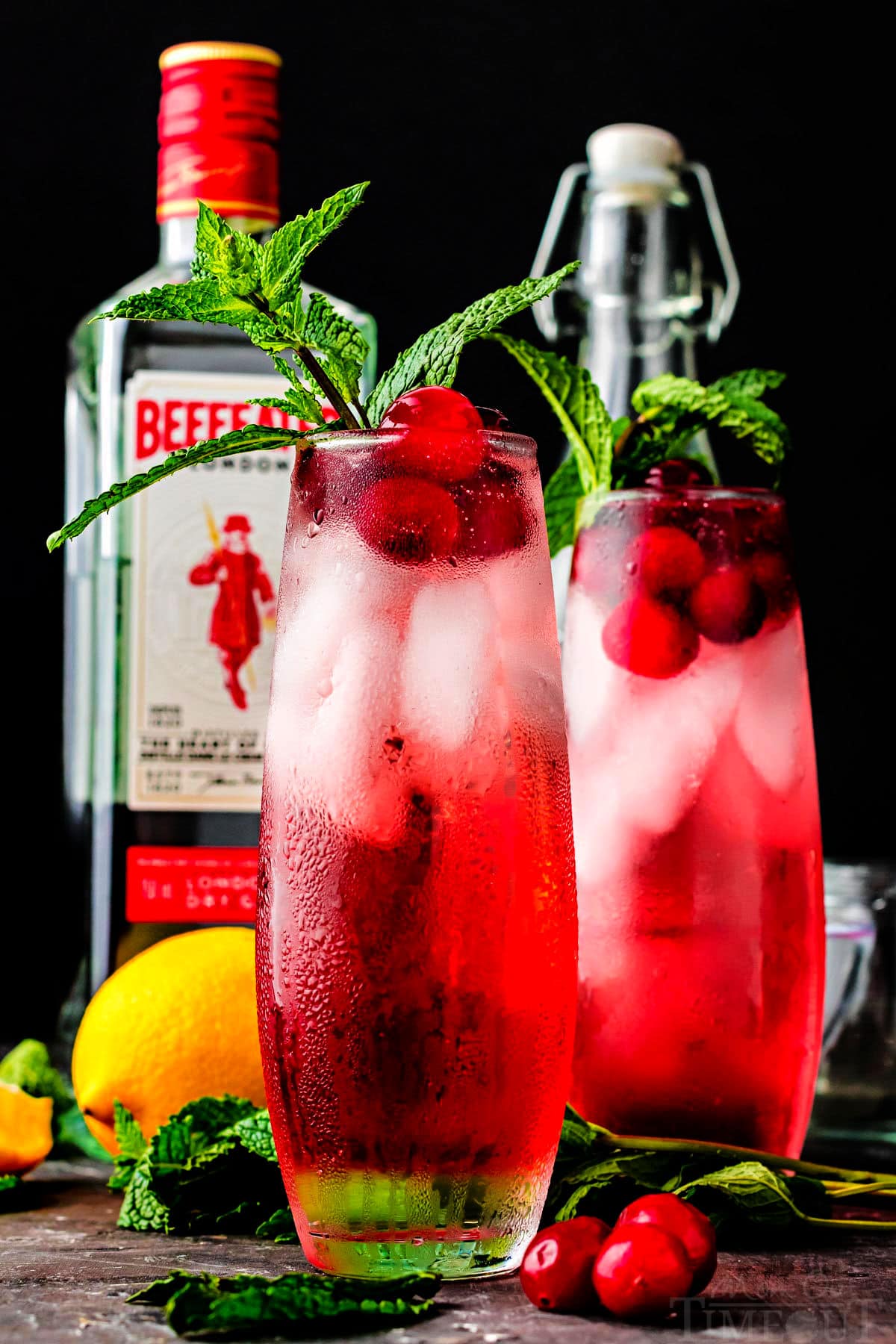 two cranberry gin cocktails in front of a bottle of gin with fresh mint garnish and lemons sitting nearby.