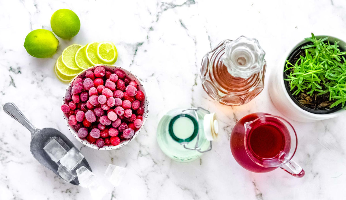 cranberry mule ingredients laid out and ready to use. top down view.