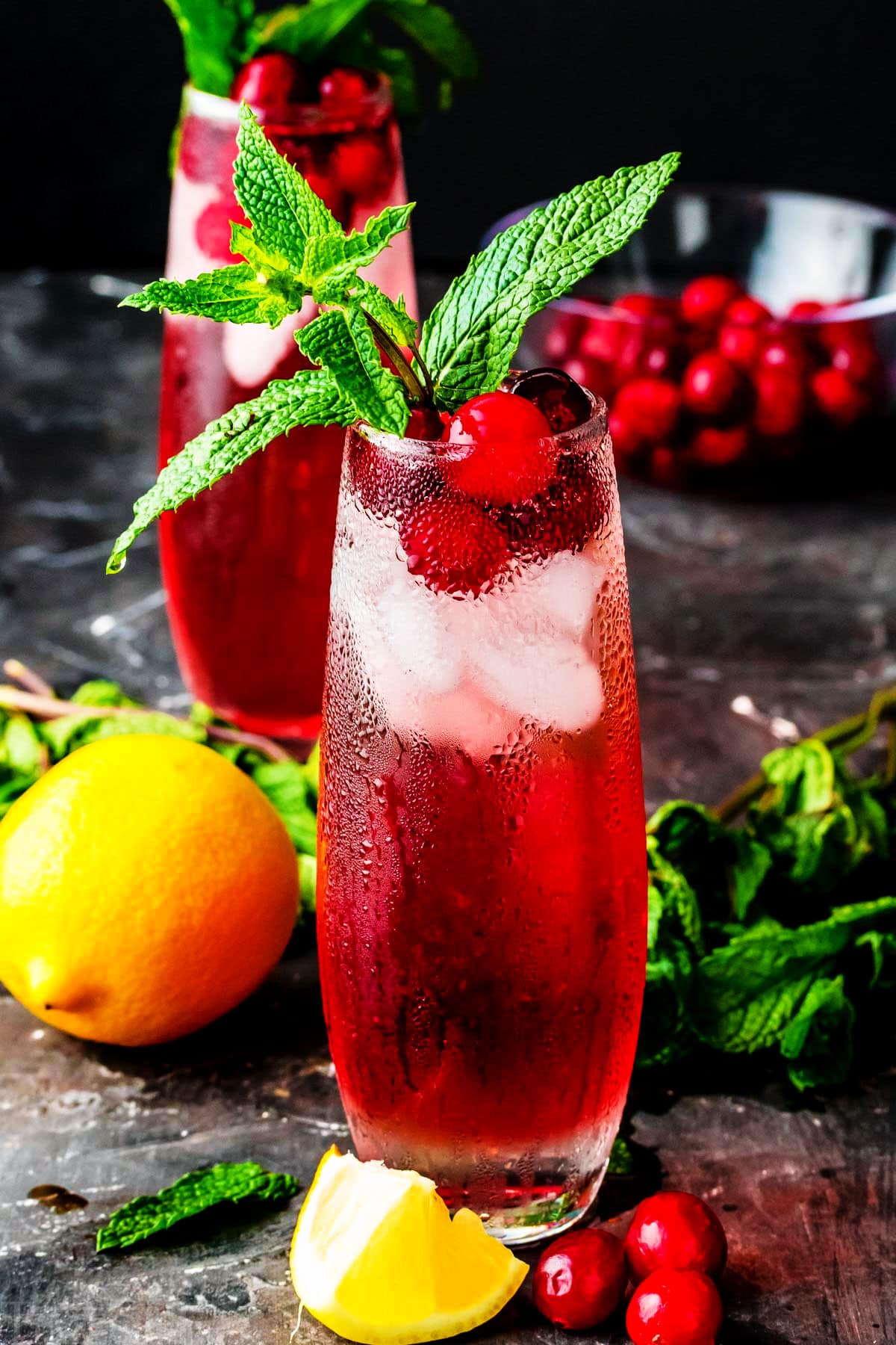 two gin cranberry cocktails topped with fresh cranberries and a big sprig of mint. lemons are cut and around the two glasses.