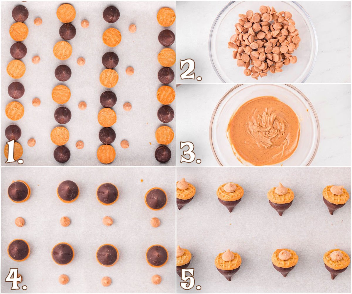 five image collage showing how to assemble the acorn cookies from start to finish.