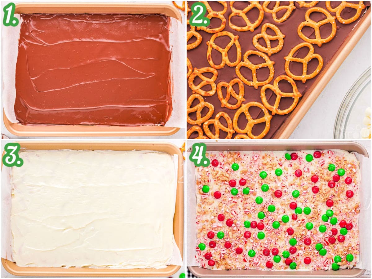 quattro collage di immagini che mostrano come fare la corteccia di cioccolato di Natale.