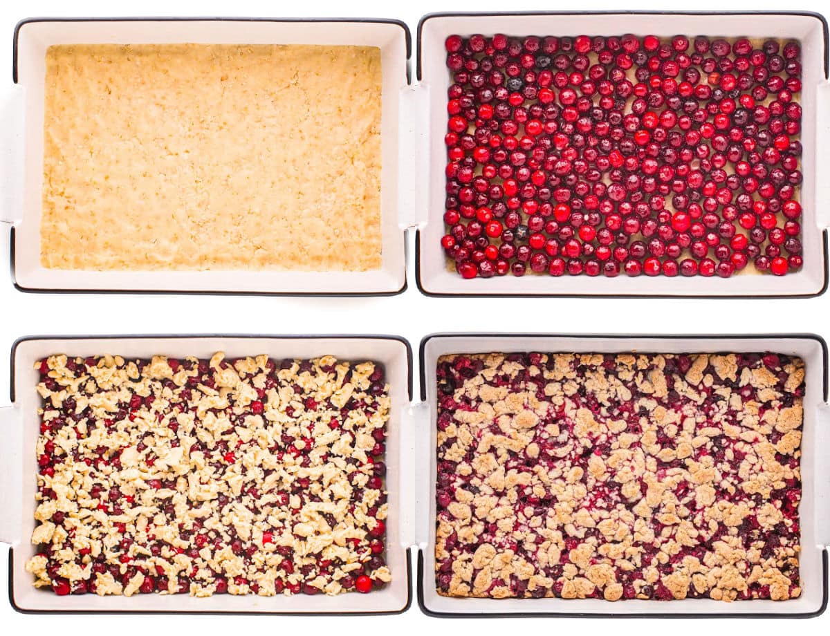 four image collage showing how to make the cranberry bars starting with the crust, then the filling and the topping.