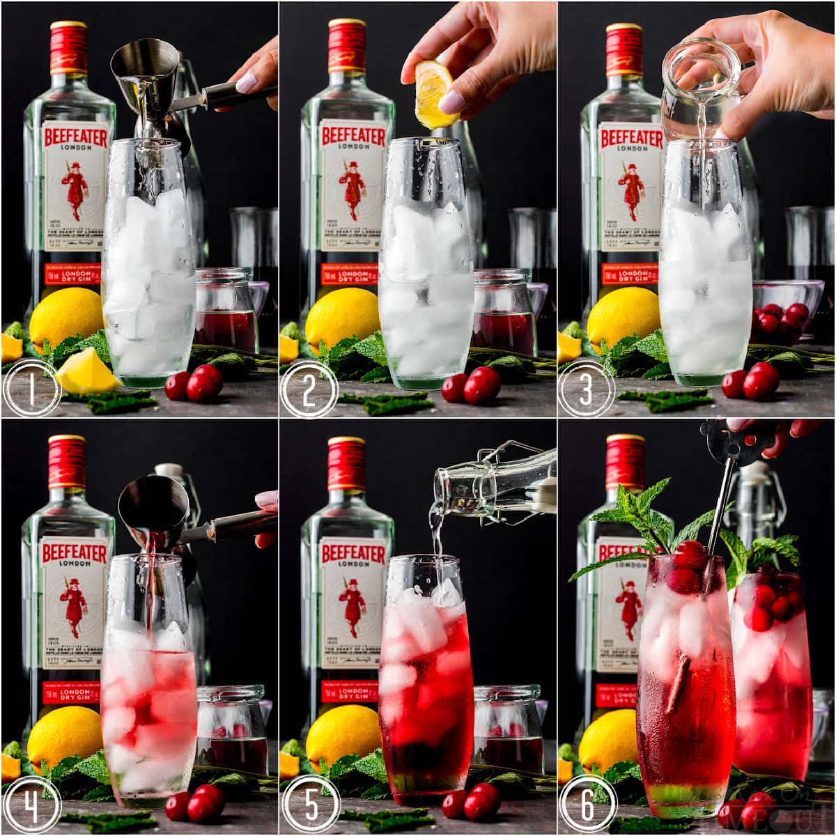sei collage di immagini che mostrano come preparare un cocktail di gin al mirtillo passo dopo passo.